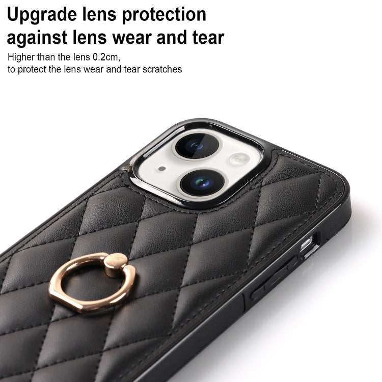 For iPhone 14 Plus Rhombic PU Leather Phone Case with Ring Holder