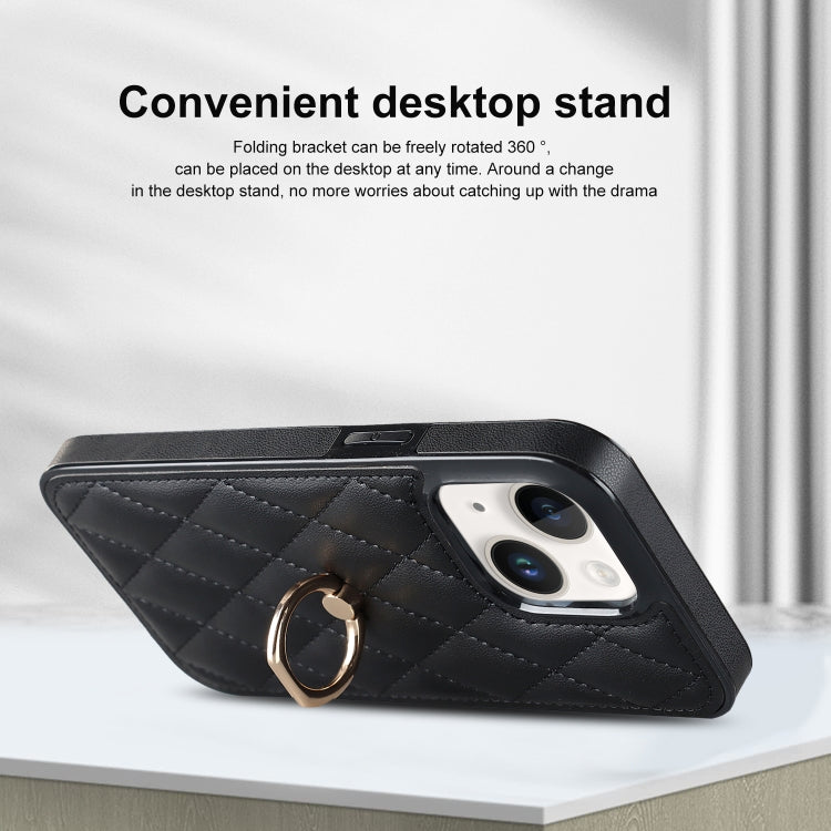 For iPhone 14 Plus Rhombic PU Leather Phone Case with Ring Holder