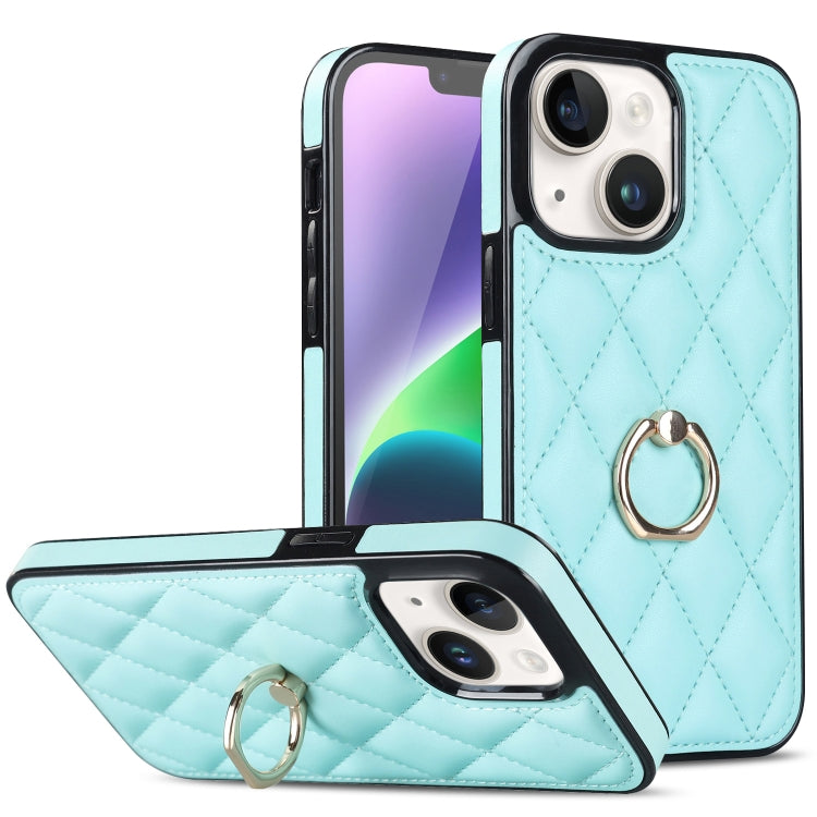 For iPhone 14 Plus Rhombic PU Leather Phone Case with Ring Holder