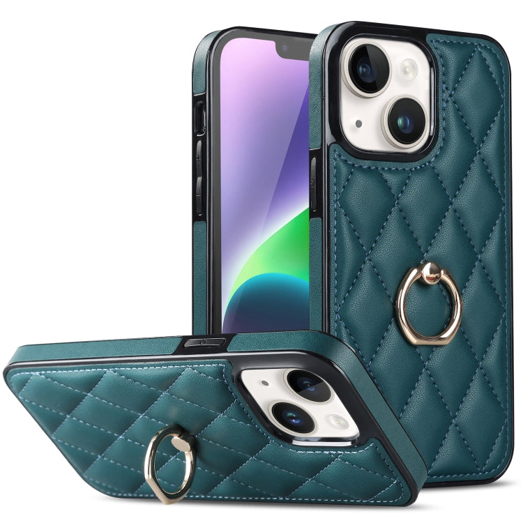 For iPhone 14 Plus Rhombic PU Leather Phone Case with Ring Holder