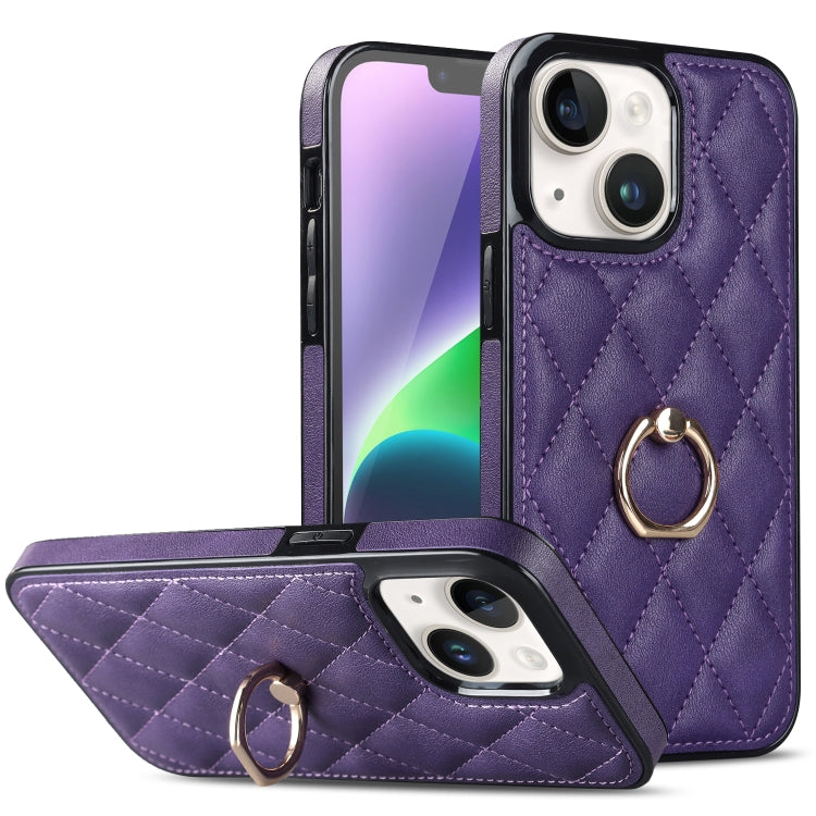 For iPhone 14 Plus Rhombic PU Leather Phone Case with Ring Holder