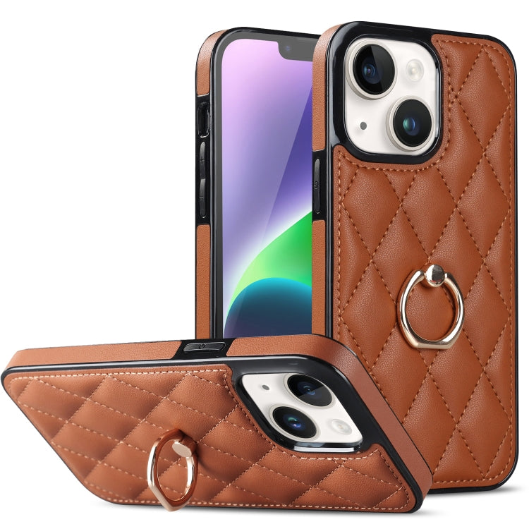 For iPhone 14 Plus Rhombic PU Leather Phone Case with Ring Holder