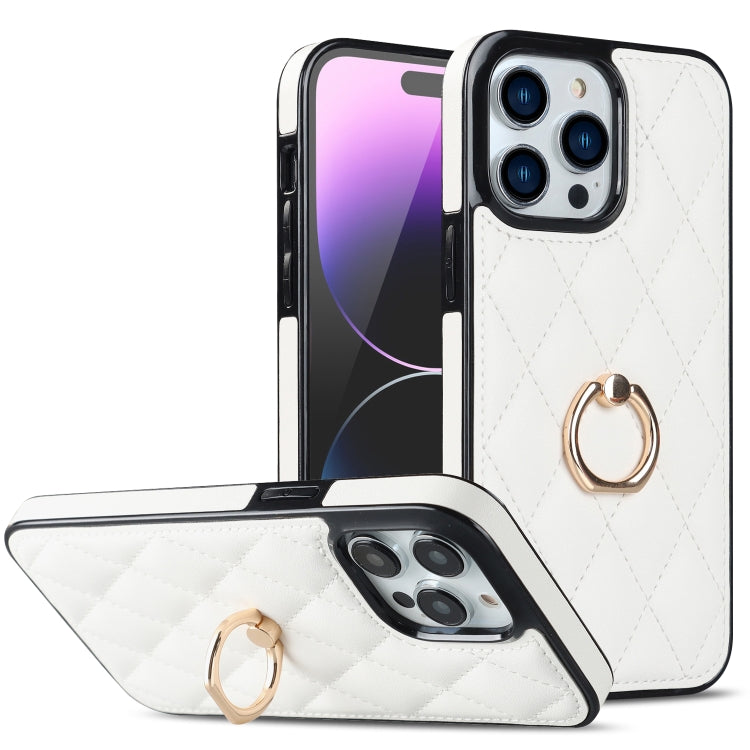 For iPhone 14 Pro Rhombic PU Leather Phone Case with Ring Holder