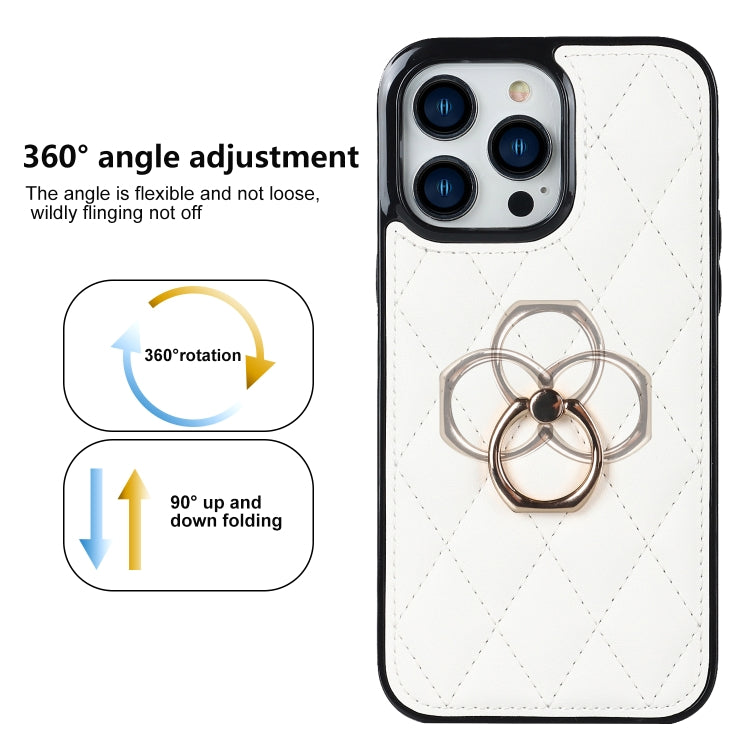 For iPhone 14 Pro Rhombic PU Leather Phone Case with Ring Holder
