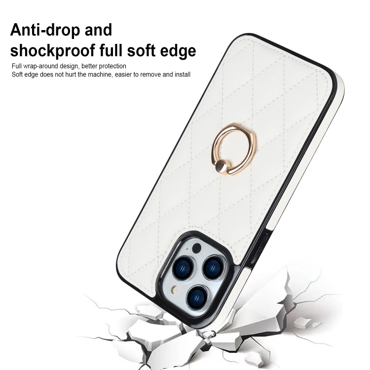 For iPhone 14 Pro Rhombic PU Leather Phone Case with Ring Holder