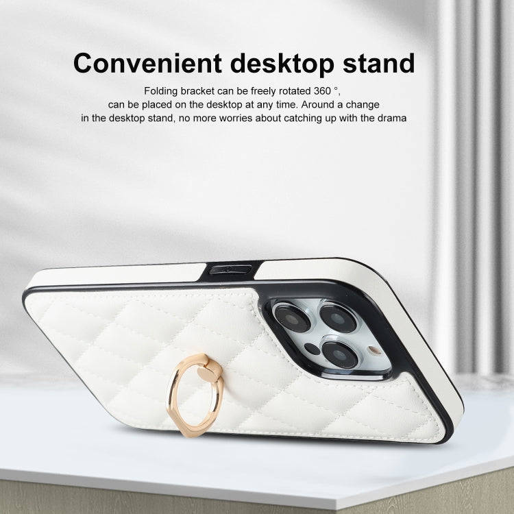 For iPhone 14 Pro Rhombic PU Leather Phone Case with Ring Holder