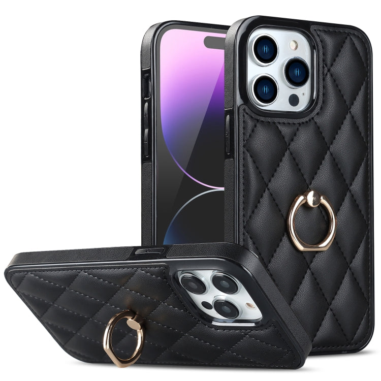 For iPhone 14 Pro Rhombic PU Leather Phone Case with Ring Holder