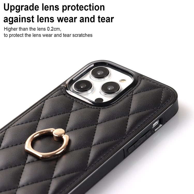 For iPhone 14 Pro Rhombic PU Leather Phone Case with Ring Holder