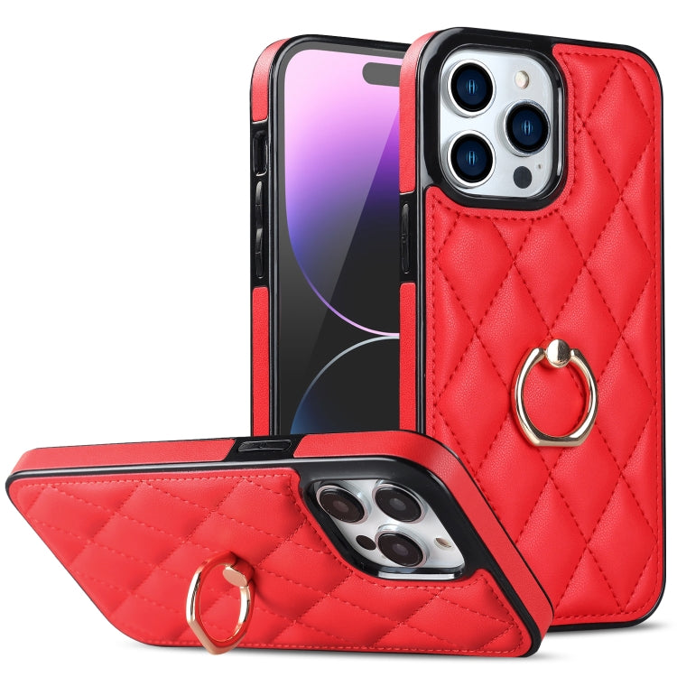 For iPhone 14 Pro Rhombic PU Leather Phone Case with Ring Holder