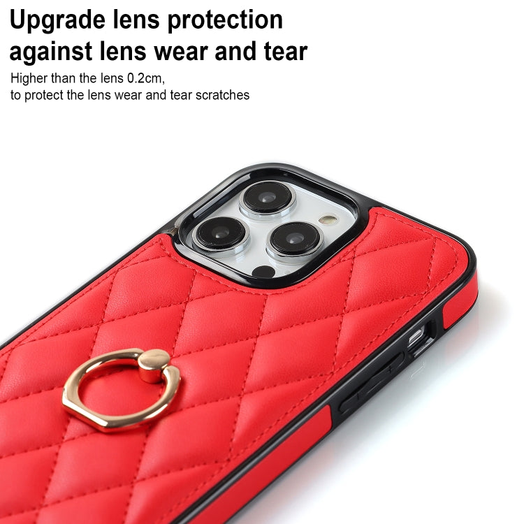 For iPhone 14 Pro Rhombic PU Leather Phone Case with Ring Holder