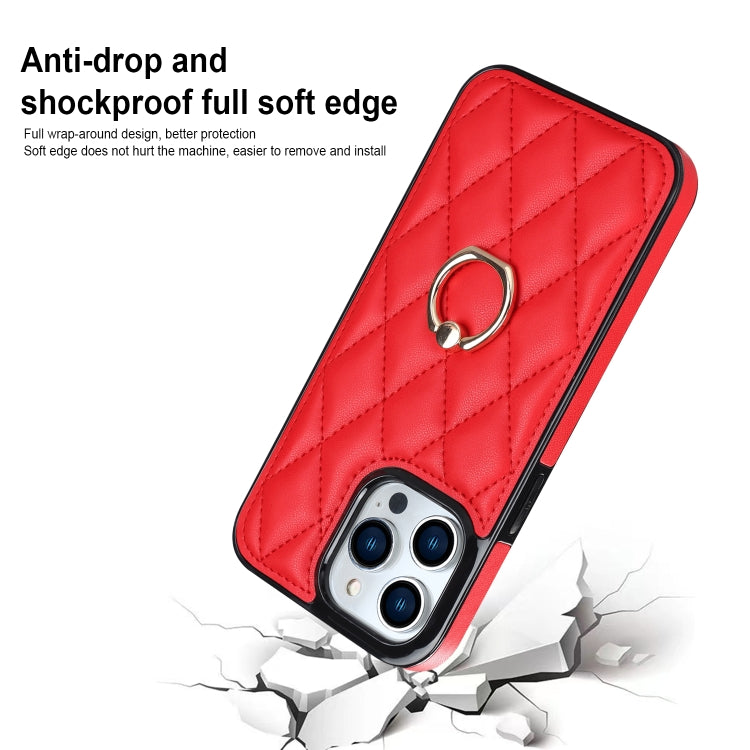 For iPhone 14 Pro Rhombic PU Leather Phone Case with Ring Holder