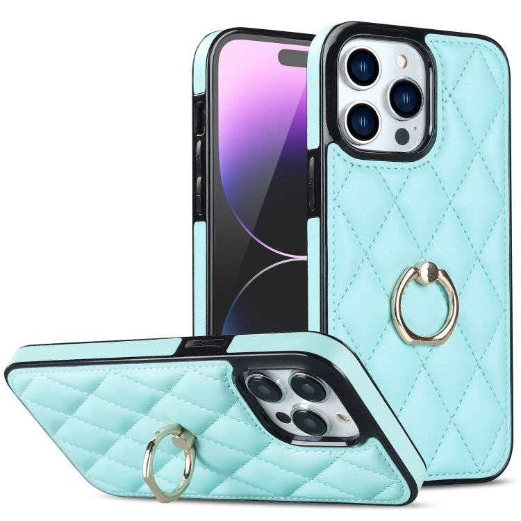 For iPhone 14 Pro Rhombic PU Leather Phone Case with Ring Holder