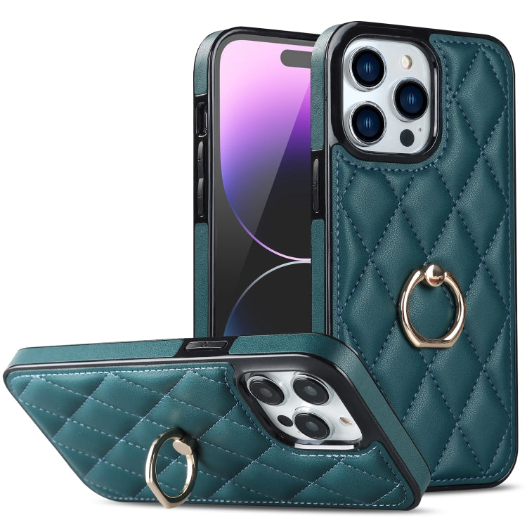 For iPhone 14 Pro Rhombic PU Leather Phone Case with Ring Holder