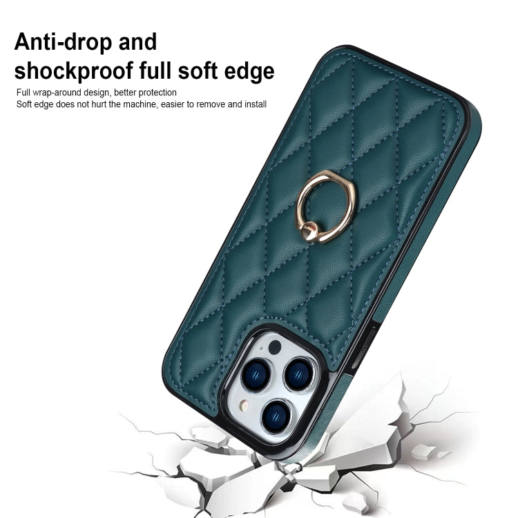 For iPhone 14 Pro Rhombic PU Leather Phone Case with Ring Holder
