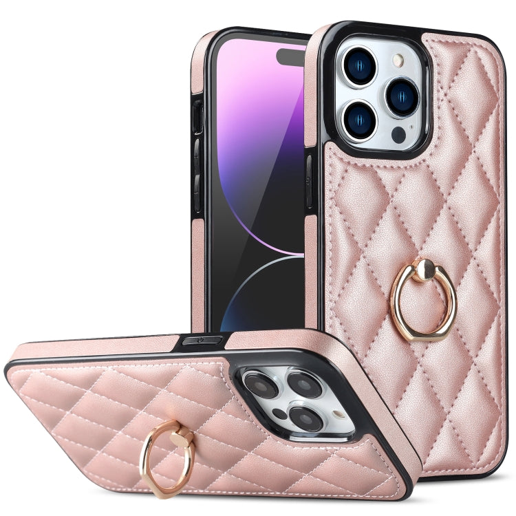 For iPhone 14 Pro Rhombic PU Leather Phone Case with Ring Holder