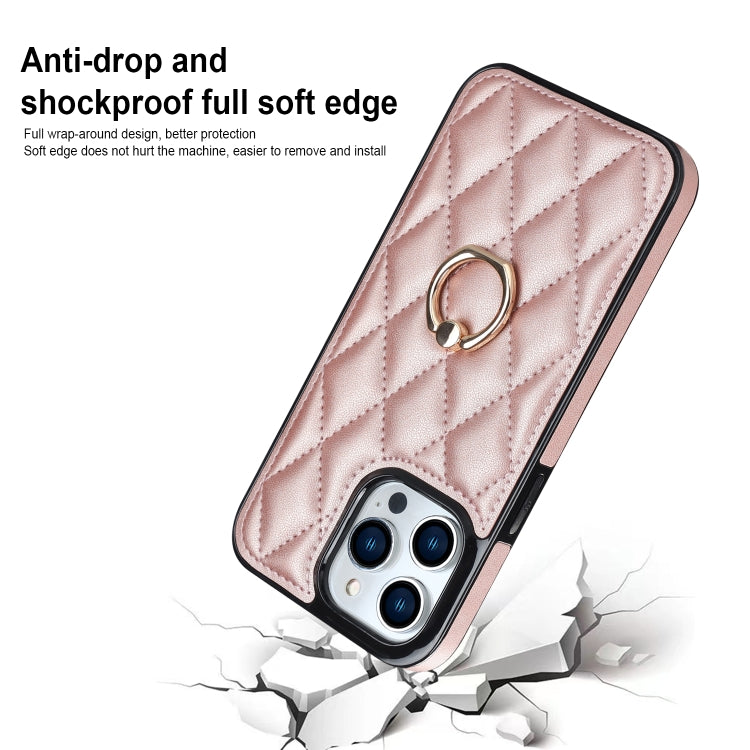 For iPhone 14 Pro Rhombic PU Leather Phone Case with Ring Holder