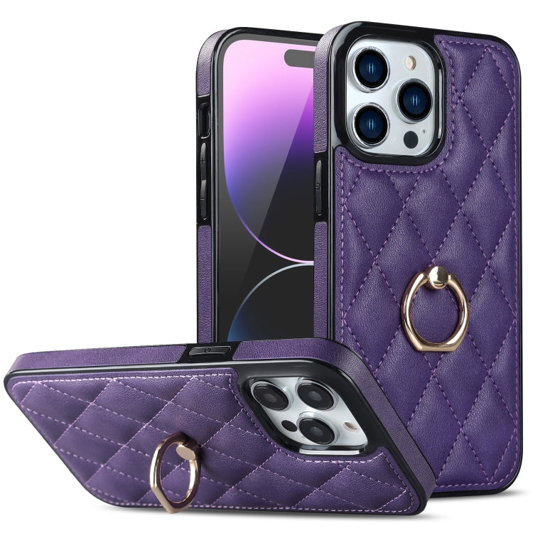 For iPhone 14 Pro Rhombic PU Leather Phone Case with Ring Holder