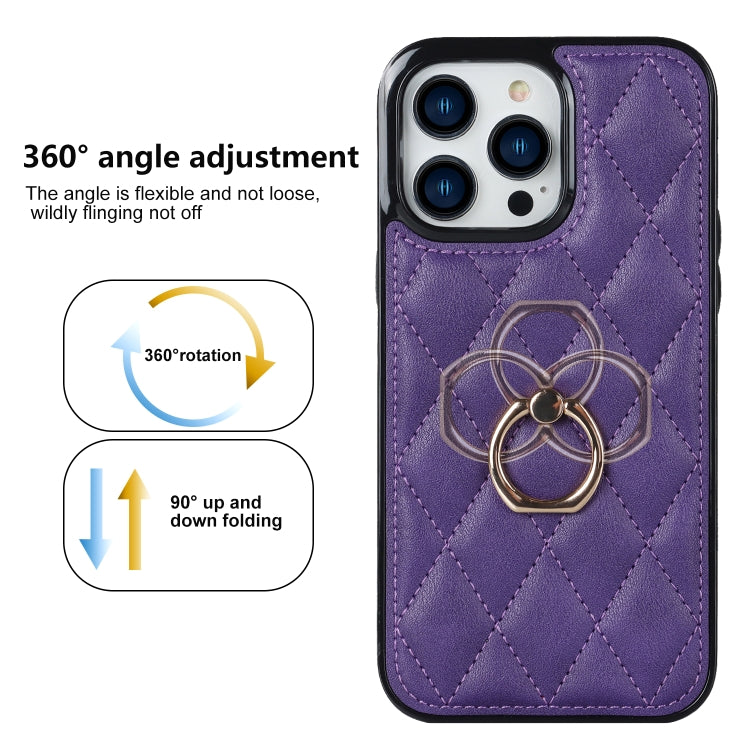 For iPhone 14 Pro Rhombic PU Leather Phone Case with Ring Holder