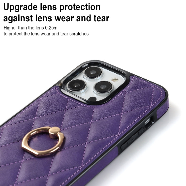 For iPhone 14 Pro Rhombic PU Leather Phone Case with Ring Holder