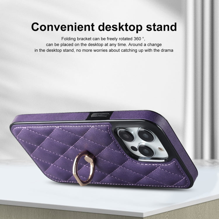 For iPhone 14 Pro Rhombic PU Leather Phone Case with Ring Holder