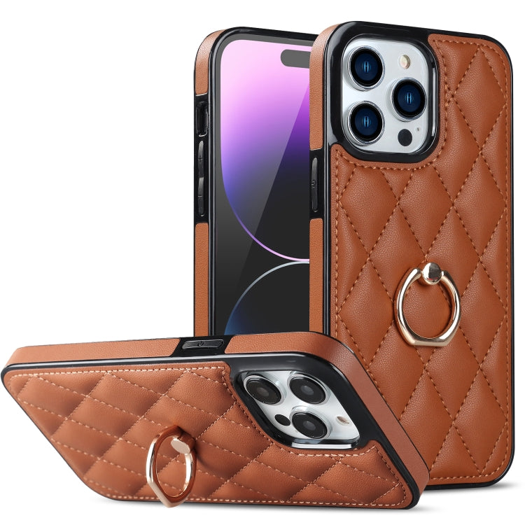 For iPhone 14 Pro Rhombic PU Leather Phone Case with Ring Holder