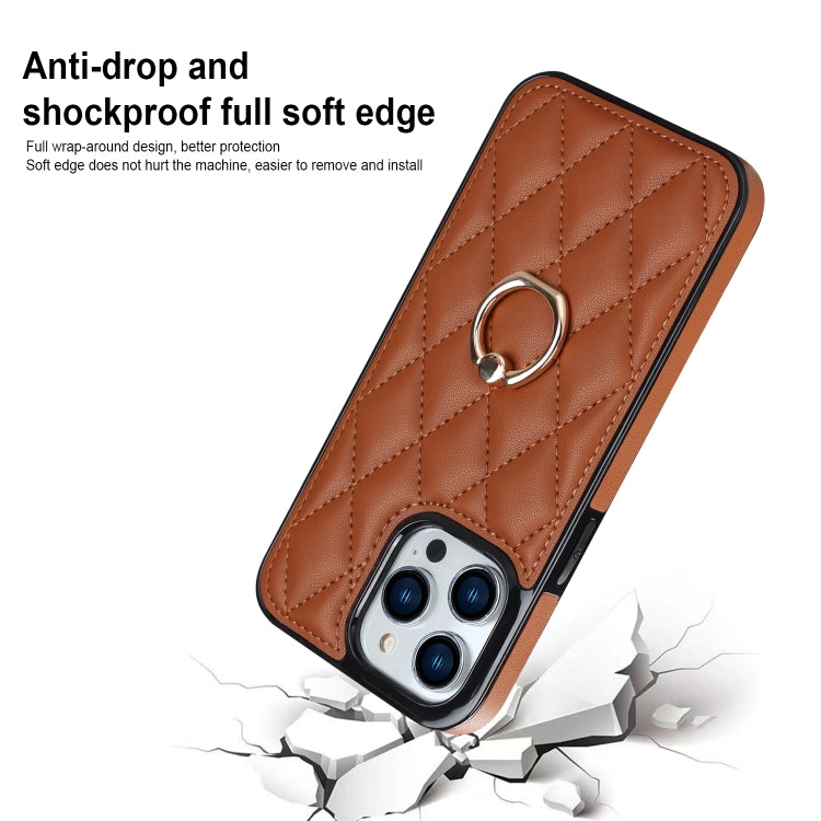 For iPhone 14 Pro Rhombic PU Leather Phone Case with Ring Holder