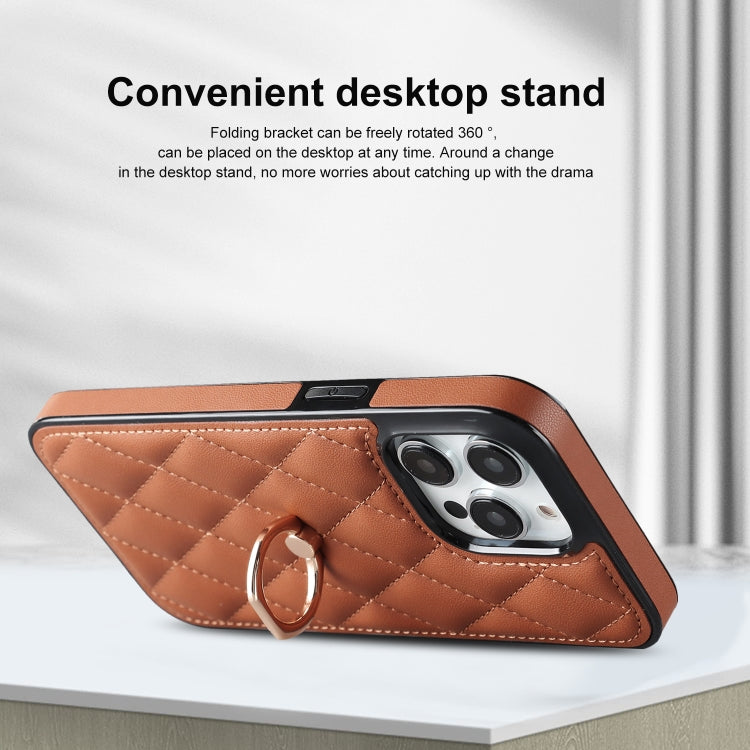 For iPhone 14 Pro Rhombic PU Leather Phone Case with Ring Holder