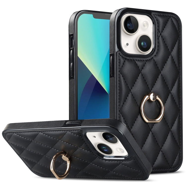 For iPhone 13 Rhombic PU Leather Phone Case with Ring Holder