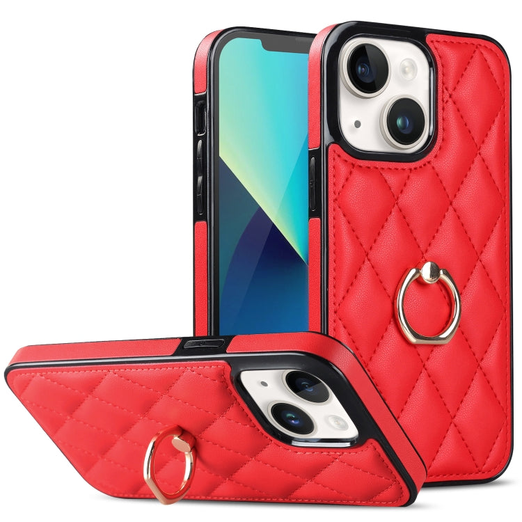 For iPhone 13 Rhombic PU Leather Phone Case with Ring Holder