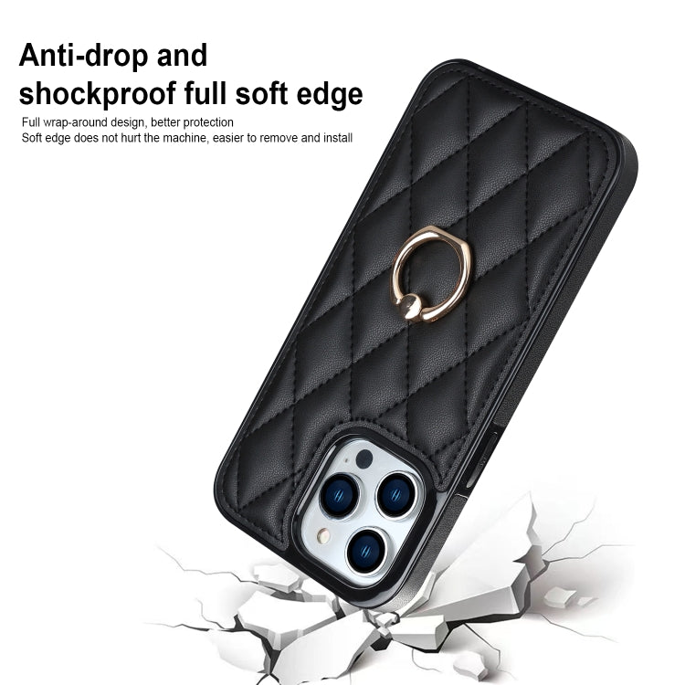 For iPhone 13 Pro Max Rhombic PU Leather Phone Case with Ring Holder