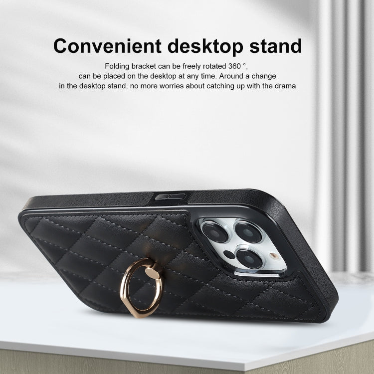 For iPhone 13 Pro Max Rhombic PU Leather Phone Case with Ring Holder