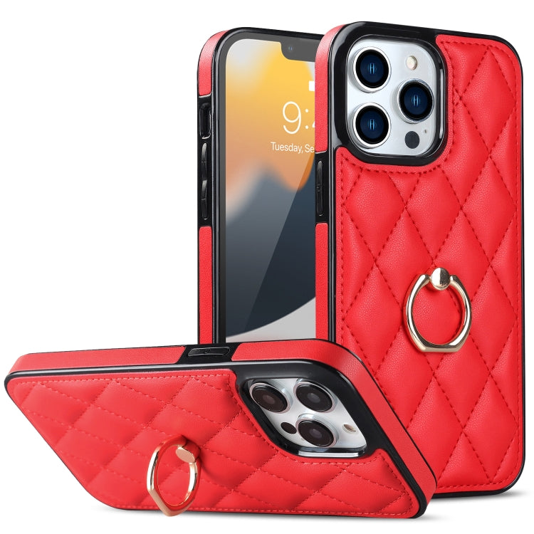 For iPhone 13 Pro Max Rhombic PU Leather Phone Case with Ring Holder