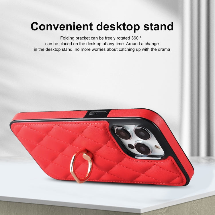 For iPhone 13 Pro Max Rhombic PU Leather Phone Case with Ring Holder