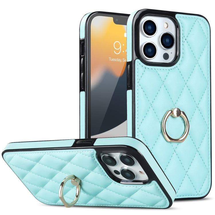 For iPhone 13 Pro Max Rhombic PU Leather Phone Case with Ring Holder
