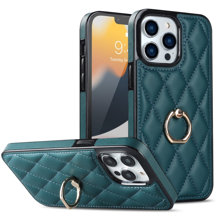 For iPhone 13 Pro Max Rhombic PU Leather Phone Case with Ring Holder