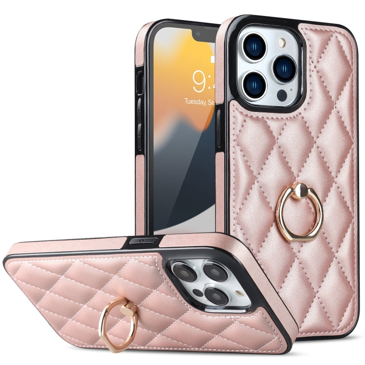 For iPhone 13 Pro Max Rhombic PU Leather Phone Case with Ring Holder