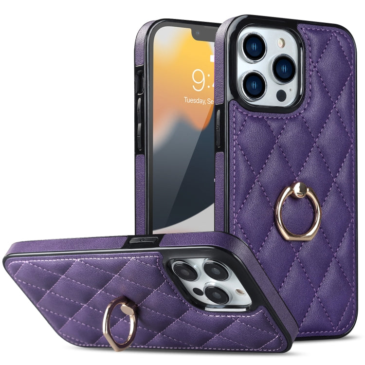 For iPhone 13 Pro Max Rhombic PU Leather Phone Case with Ring Holder