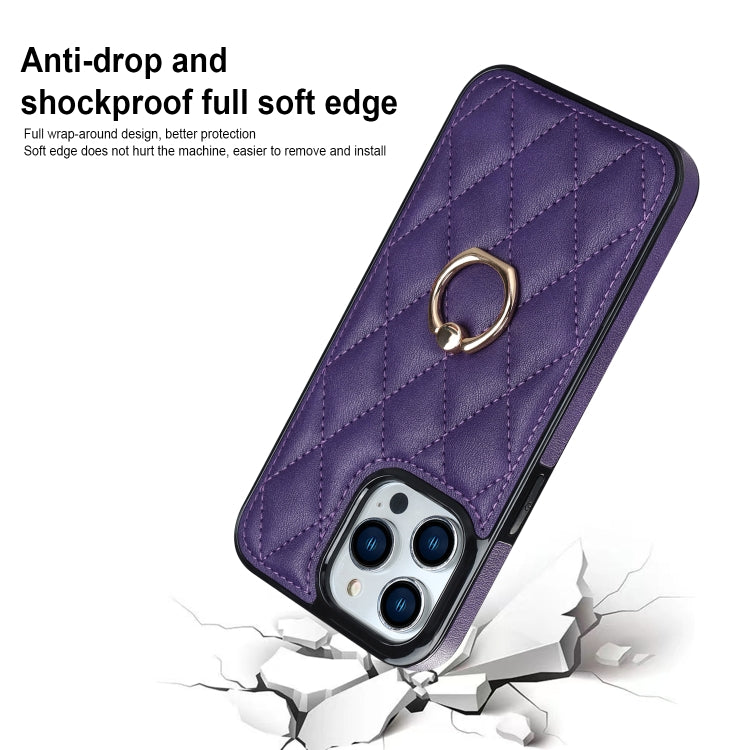 For iPhone 13 Pro Max Rhombic PU Leather Phone Case with Ring Holder