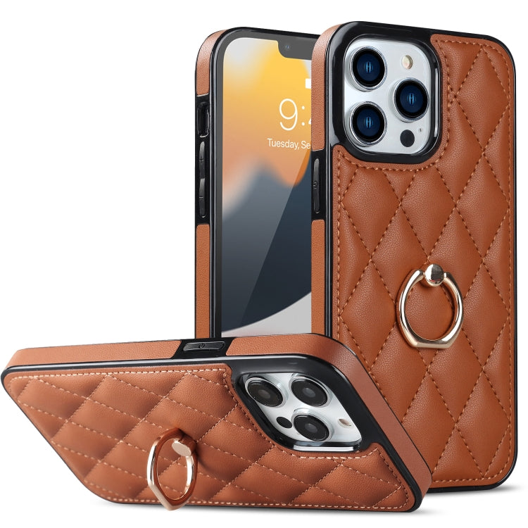 For iPhone 13 Pro Max Rhombic PU Leather Phone Case with Ring Holder