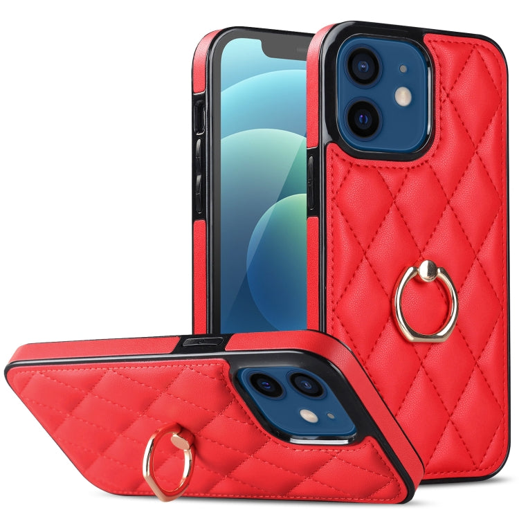 For iPhone 12 mini Rhombic PU Leather Phone Case with Ring Holder
