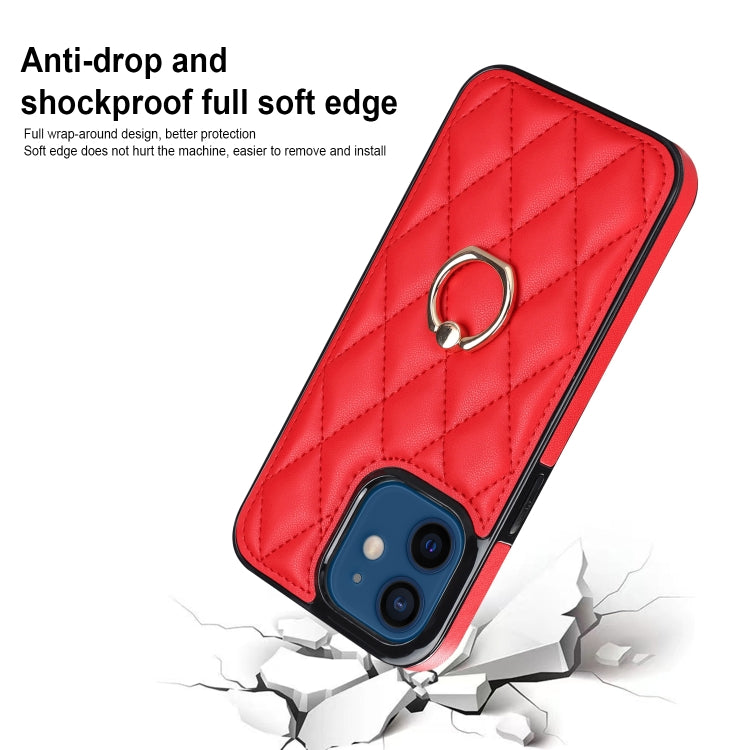 For iPhone 12 mini Rhombic PU Leather Phone Case with Ring Holder