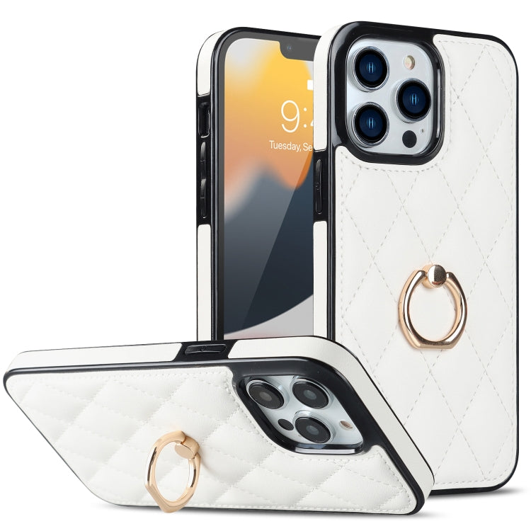 For iPhone 12 / 12 Pro Rhombic PU Leather Phone Case with Ring Holder