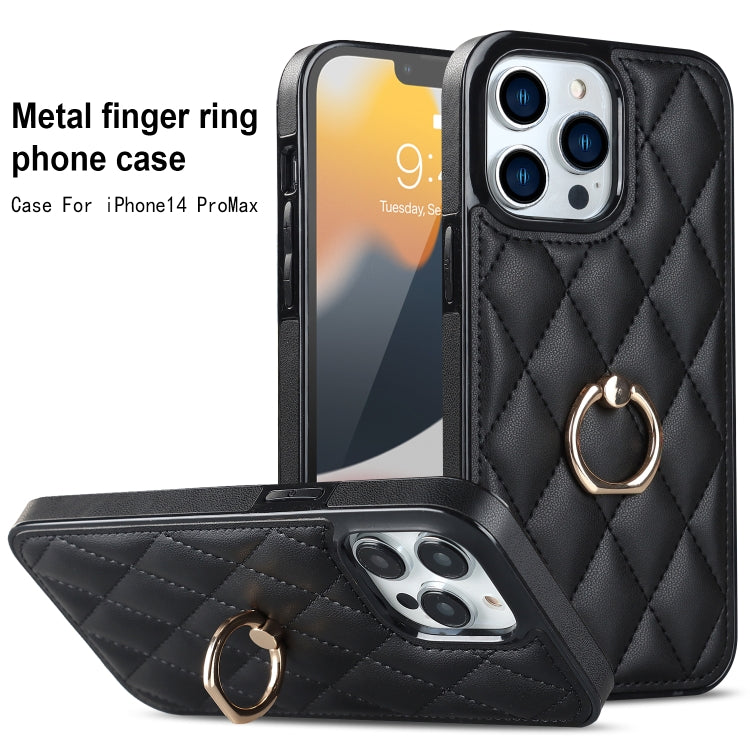 For iPhone 12 / 12 Pro Rhombic PU Leather Phone Case with Ring Holder
