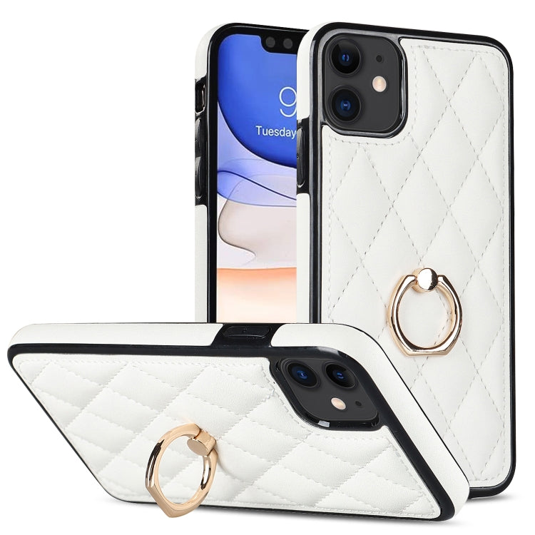 For iPhone 11 Rhombic PU Leather Phone Case with Ring Holder
