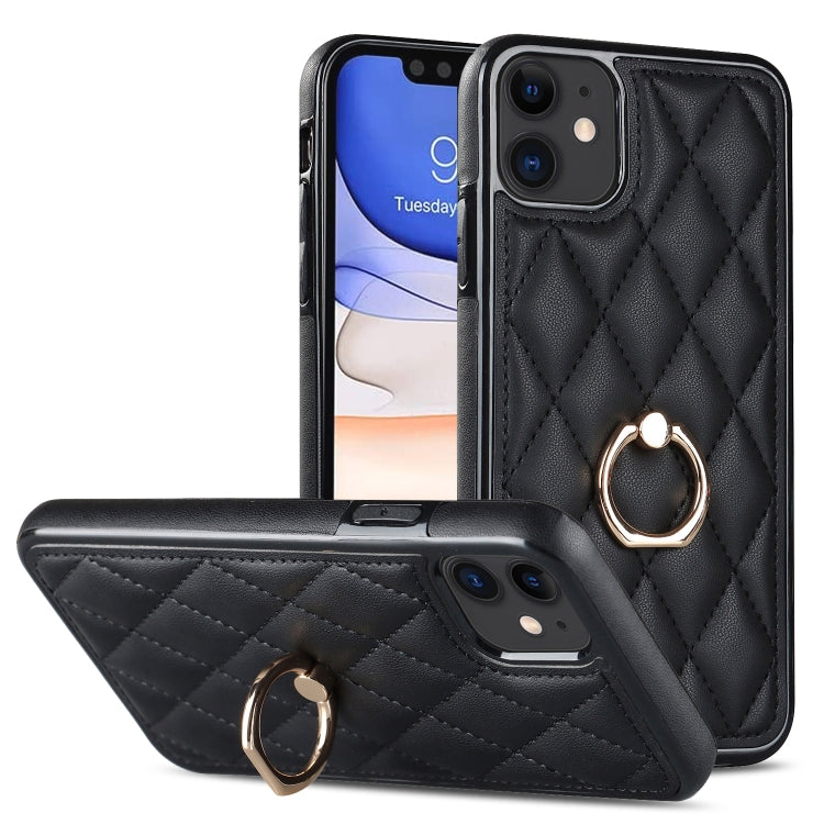 For iPhone 11 Rhombic PU Leather Phone Case with Ring Holder