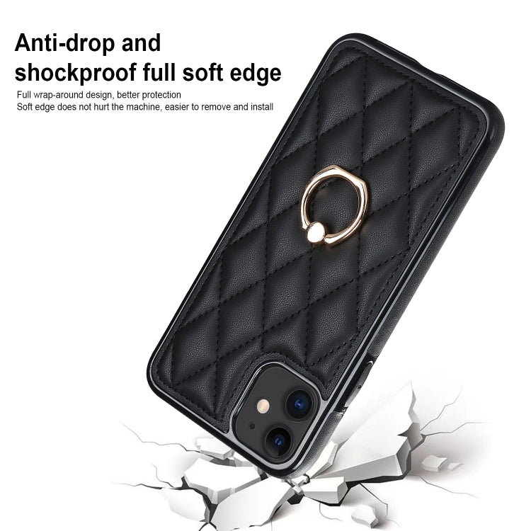 For iPhone 11 Rhombic PU Leather Phone Case with Ring Holder