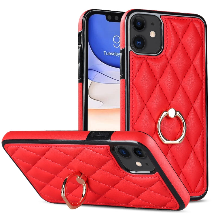 For iPhone 11 Rhombic PU Leather Phone Case with Ring Holder