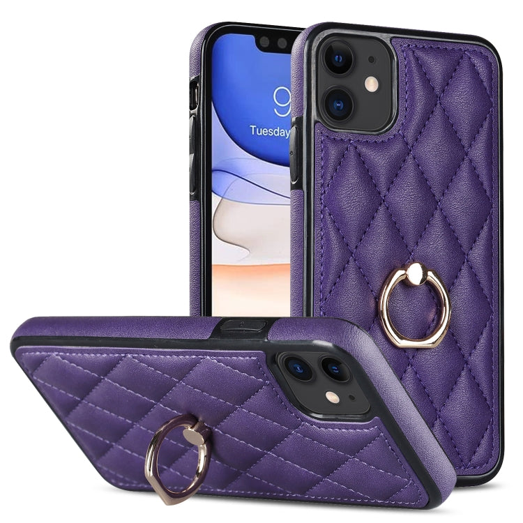 For iPhone 11 Rhombic PU Leather Phone Case with Ring Holder