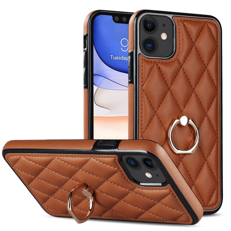 For iPhone 11 Rhombic PU Leather Phone Case with Ring Holder