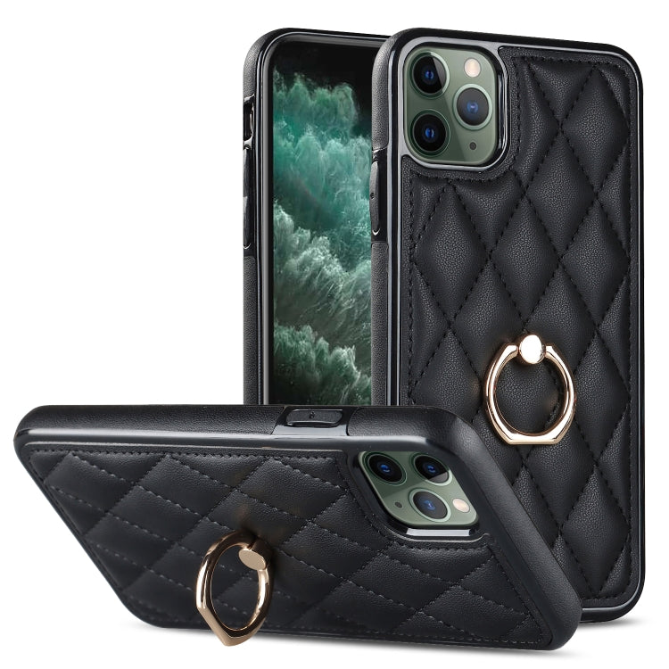 For iPhone 11 Pro Rhombic PU Leather Phone Case with Ring Holder